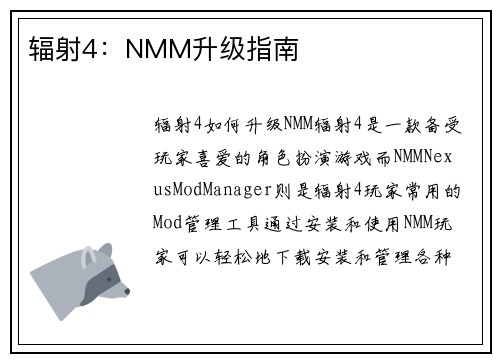 辐射4：NMM升级指南